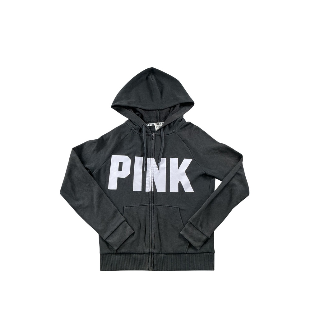 Victorias Secret PINK Full Zip Hoodie Black White Logo Sweatshirt XS